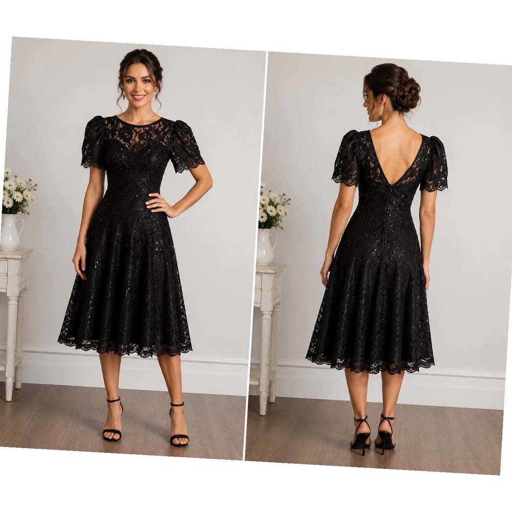 JW Collections Black Vintage Lace Sequin V-Back Cocktail Dress USA Made Size 4